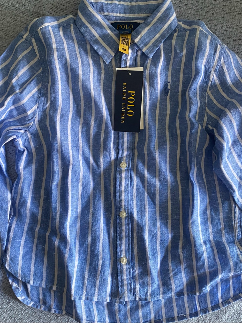 New Polo by Ralph Lauren Blue and White Striped Button-Down linen Shirt